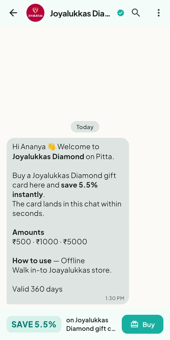 A Joyalukkas Diamond channel in Pitta: the welcome message with amounts, how to redeem and validity, and a Save 5.5 per cent bar with a Buy button.
