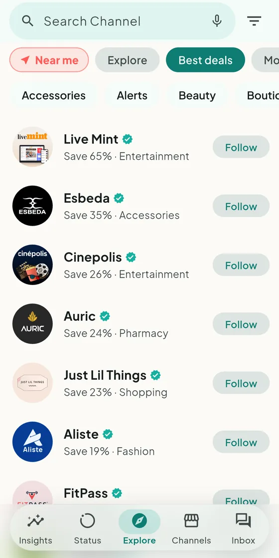 The Best deals list in Pitta: Live Mint save 65 per cent, Esbeda 35, Cinepolis 26, Auric 24, Just Lil Things 23, Aliste 19.
