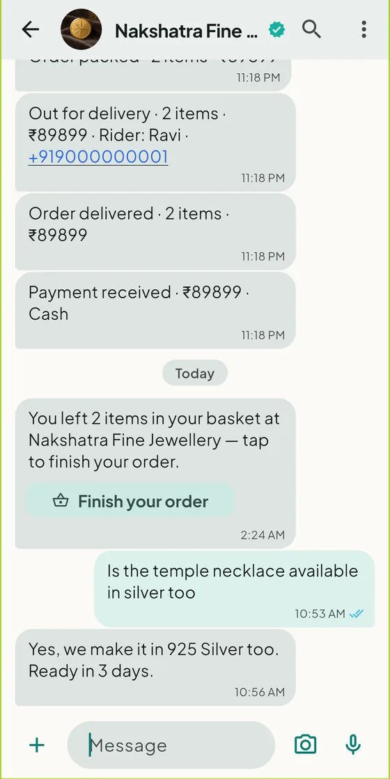 A Pitta chat with Nakshatra Fine Jewellery: order updates, a basket reminder, a question from the customer and the shop's reply.