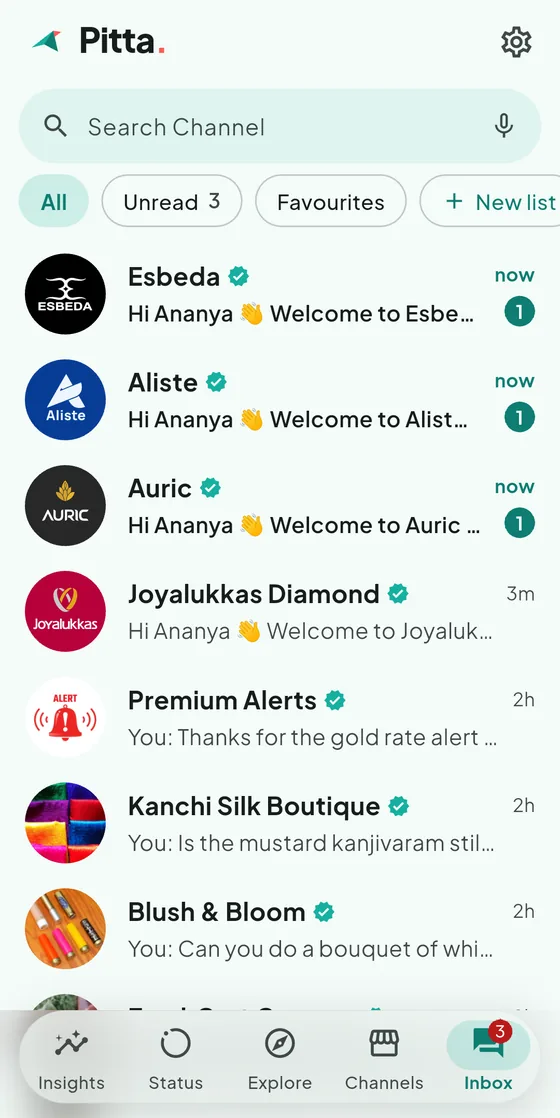 The Pitta inbox: Esbeda, Aliste, Auric and Joyalukkas Diamond alongside Premium Alerts, Kanchi Silk Boutique and Blush & Bloom, each with its latest message.